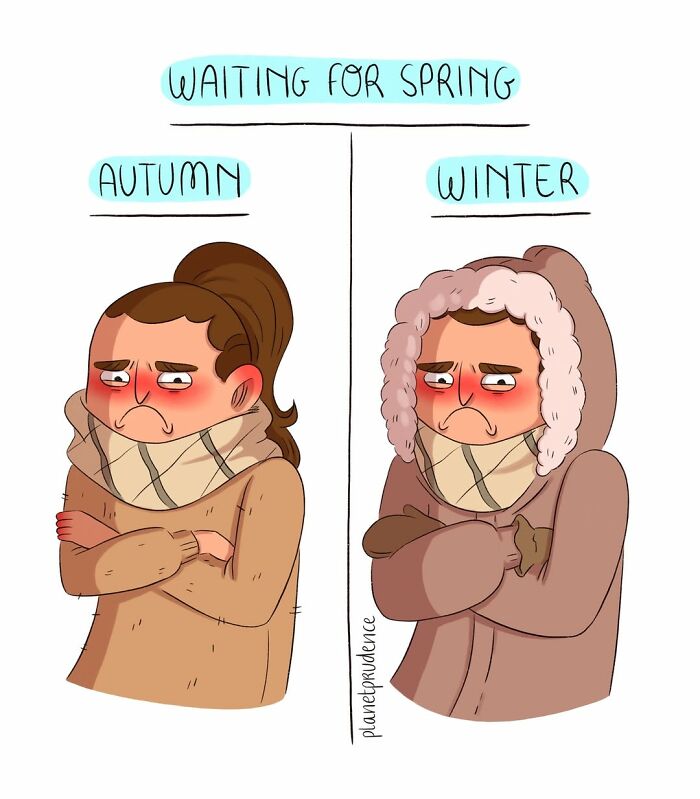 An artist illustrates a woman waiting for spring during autumn and winter, depicting common female experiences.
