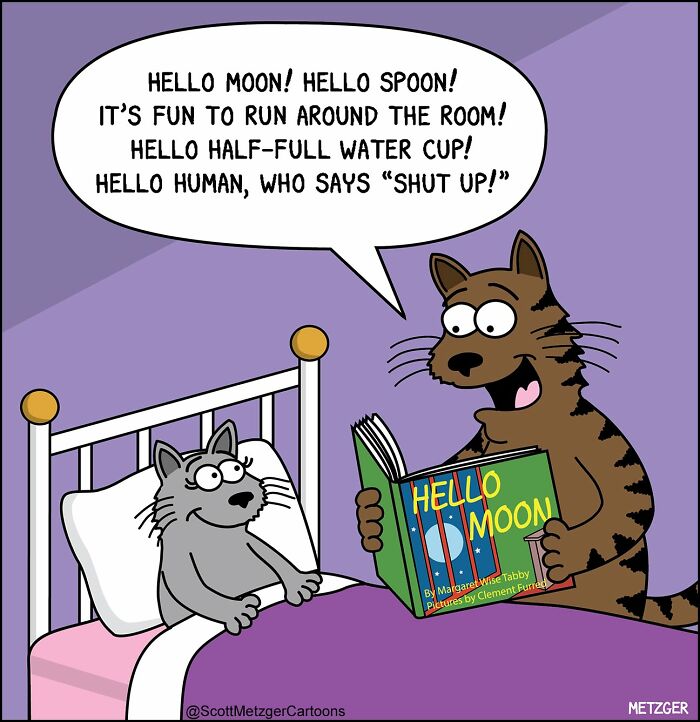 Scott Metzger comic: a cat reads a bedtime story to another cat. Relatable comics of cats.
