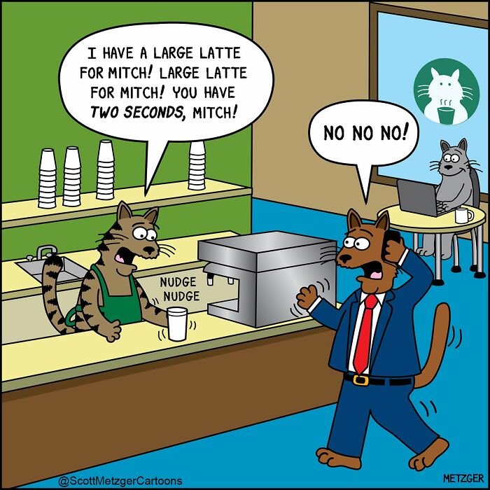 A relatable comic of a dog-man stressed by a cat barista calling out a coffee order for 'Mitch'.