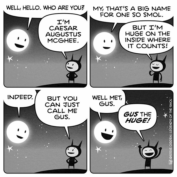 Adorable comics character Gus with a big name and even bigger confidence, meeting a moon character.