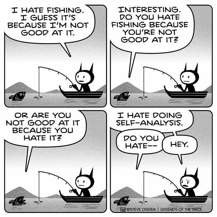 Adorable comics character fishing and reflecting on self-analysis. A tiny character with confidence.