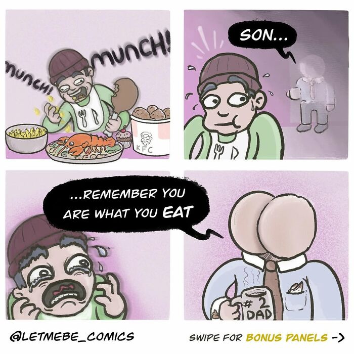 Hilariously unhinged comic artist story showing a man eating, then transforming into a buttocks-headed figure.