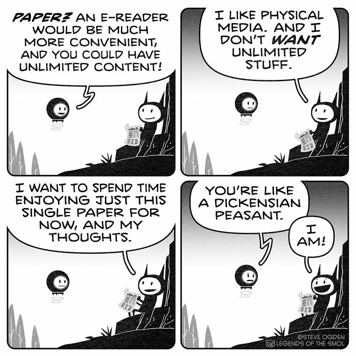Adorable comics character discusses e-readers versus physical paper. A tiny character with confidence.