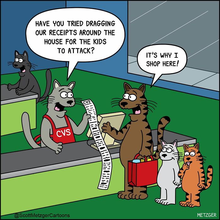 A comic of cats at a CVS with a long receipt. A Scott Metzger comic about relatable cats and dogs.
