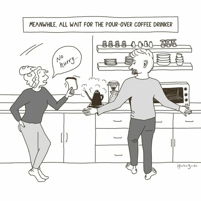 Cartoonist depicts messy parenting with a mom waiting for coffee in the kitchen, holding a piece of toast.