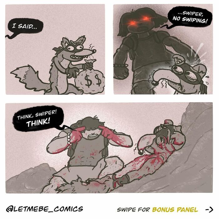 Hilariously unhinged comic artist story: Dora the Explorer-like character confronting Swiper in a dramatic, bloody scene.