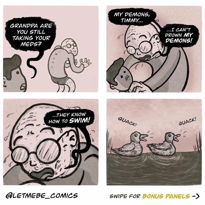 Hilariously unhinged comic artist story with a man talking about his demons that know how to swim, leading to ducks.