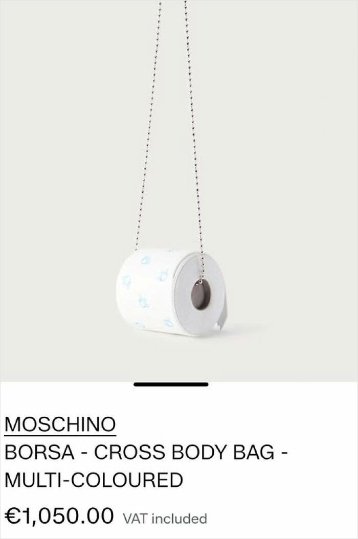 A Moschino cross-body bag shaped like a roll of toilet paper, a bizarre example of hilariously bad fashion.