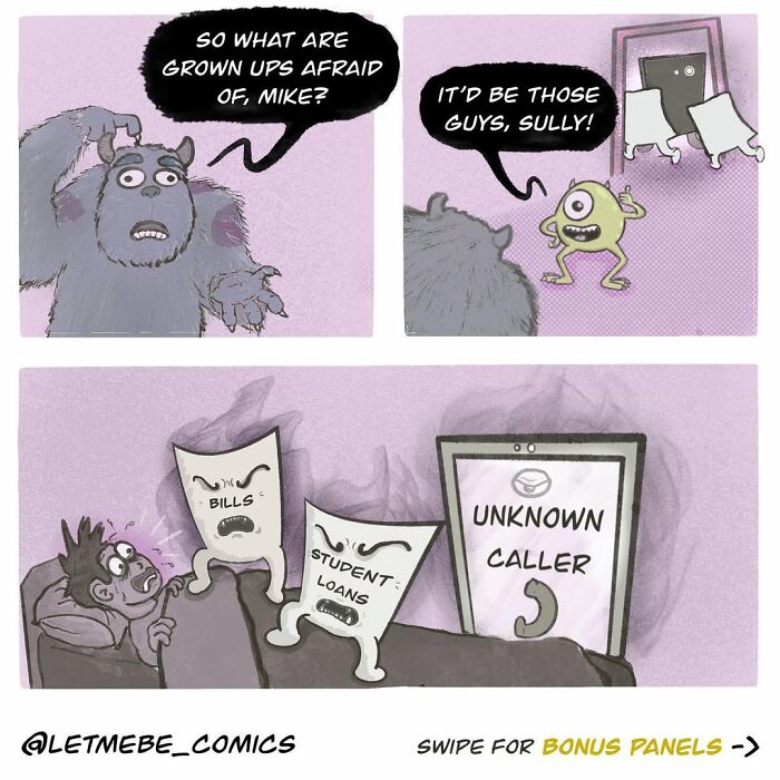 A comic artist's illustration of Mike and Sully confronting a man afraid of bills, student loans, and unknown calls.