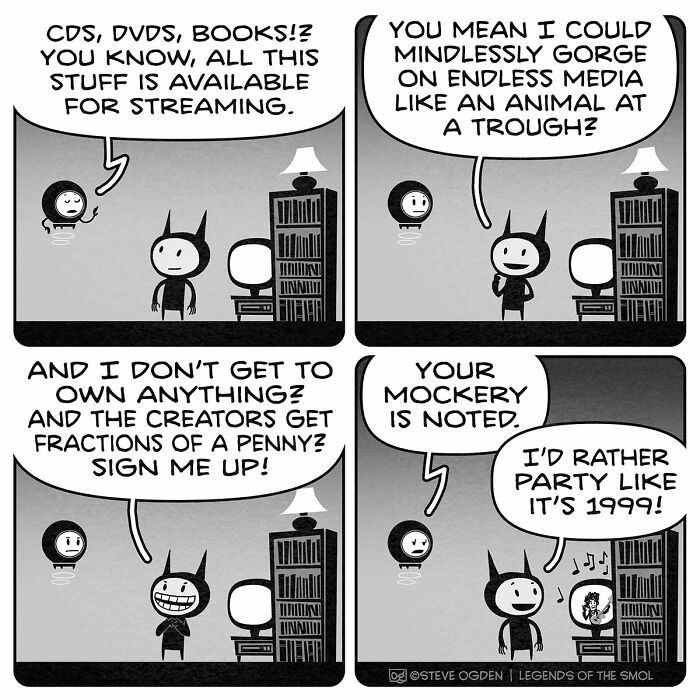 Adorable comics character discusses streaming vs. physical media. A tiny character with confidence.
