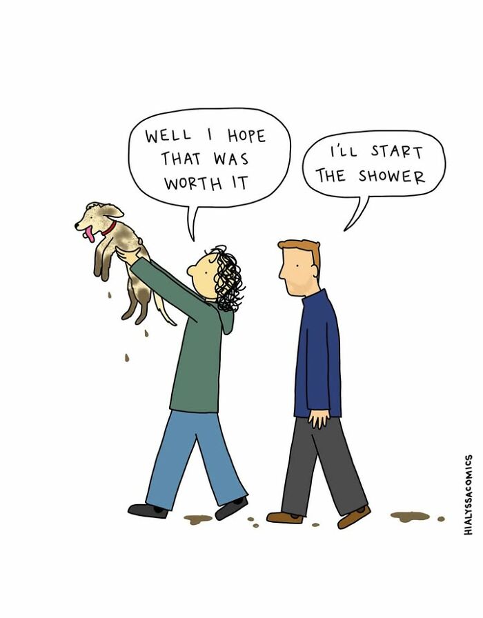 A comic shows a person holding a muddy dog with another person offering to start the shower, illustrating funny ordinary situations.