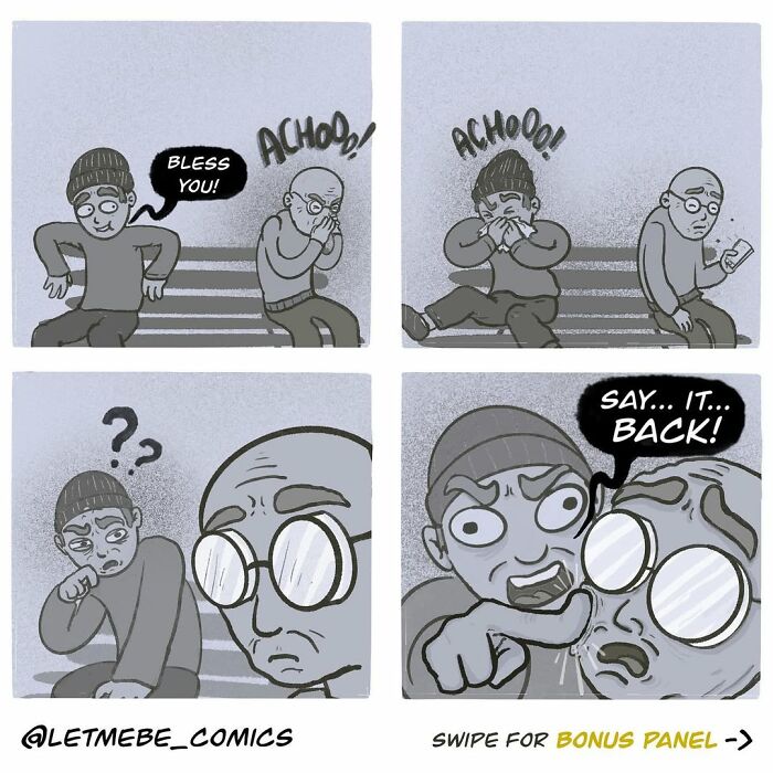 A comic artist's illustration of a man sneezing repeatedly, demanding a blessing from a stranger.