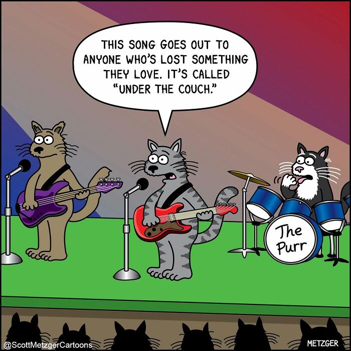 A relatable comic of a cat band, 'The Purr', performing a song called 'Under the Couch' for a feline audience.