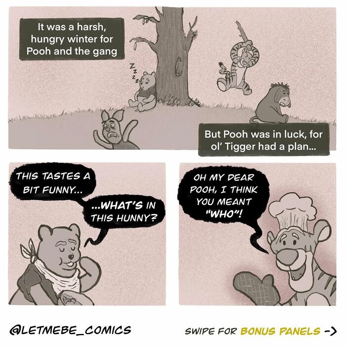 A comic artist's illustration of Winnie the Pooh and Tigger discussing suspicious honey, implying a dark twist.