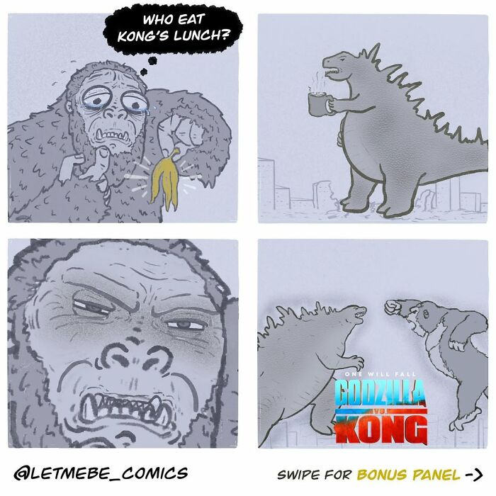 A comic artist depicts King Kong asking, Who ate Kongs lunch? The next panel shows Godzilla drinking coffee.