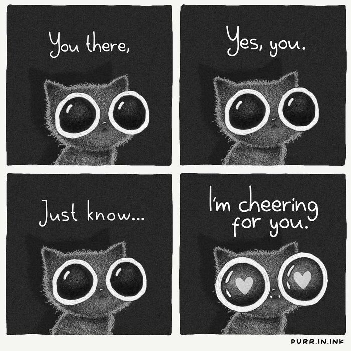 Adorable illustrations of cat behavior: A black cat with big eyes cheers, I'm cheering for you.