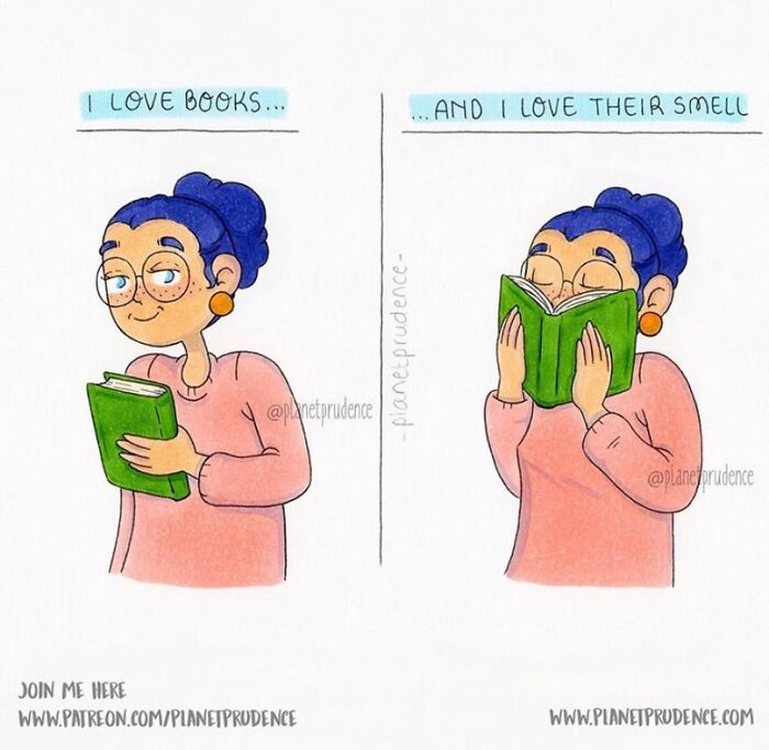 Artist illustrates being a woman: showing love for books and their smell, a woman holding a book and then sniffing it.