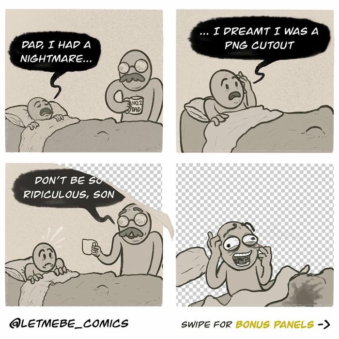 A comic artist illustrates a child having a nightmare about being a PNG cutout, complete with a transparent background.