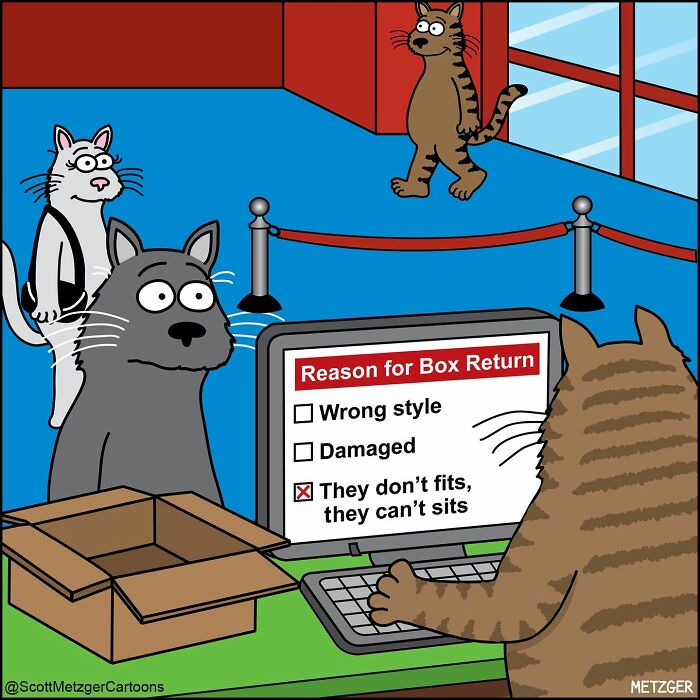 A relatable comic of cats at a customer service desk returning a box because 'they don't fits, they can't sits'.