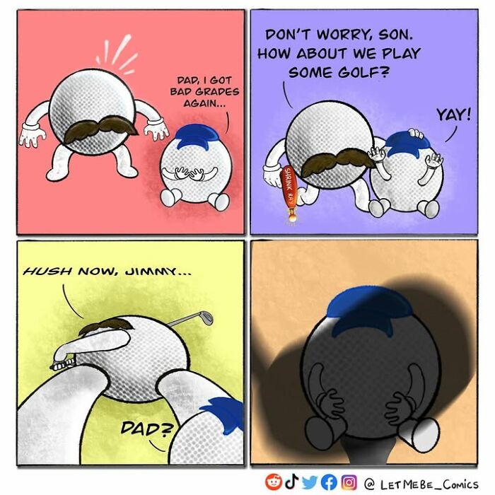 A comic artist illustrates a golf ball father advising his golf ball son to play golf, then putting the son.