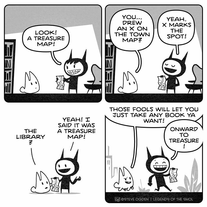 A tiny character comics about a treasure map leading to the library, with confidence bigger than he is.