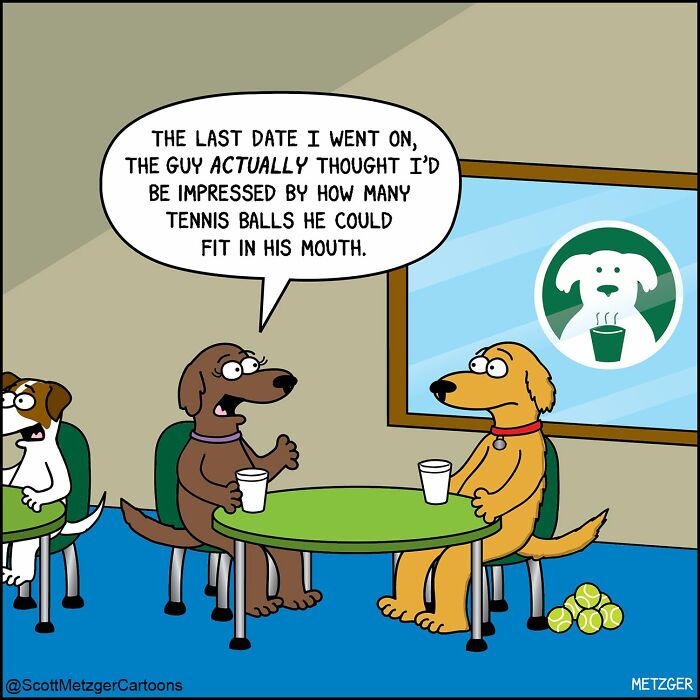 A comic featuring two dogs at a cafe, discussing a date involving tennis balls, revealing the weird logic of cats and dogs.