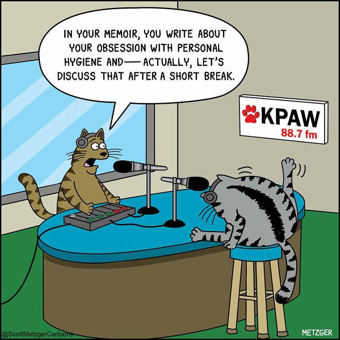 A comic of two cats on a radio show, one interviewing the other, highlighting the weird logic of cats and dogs.