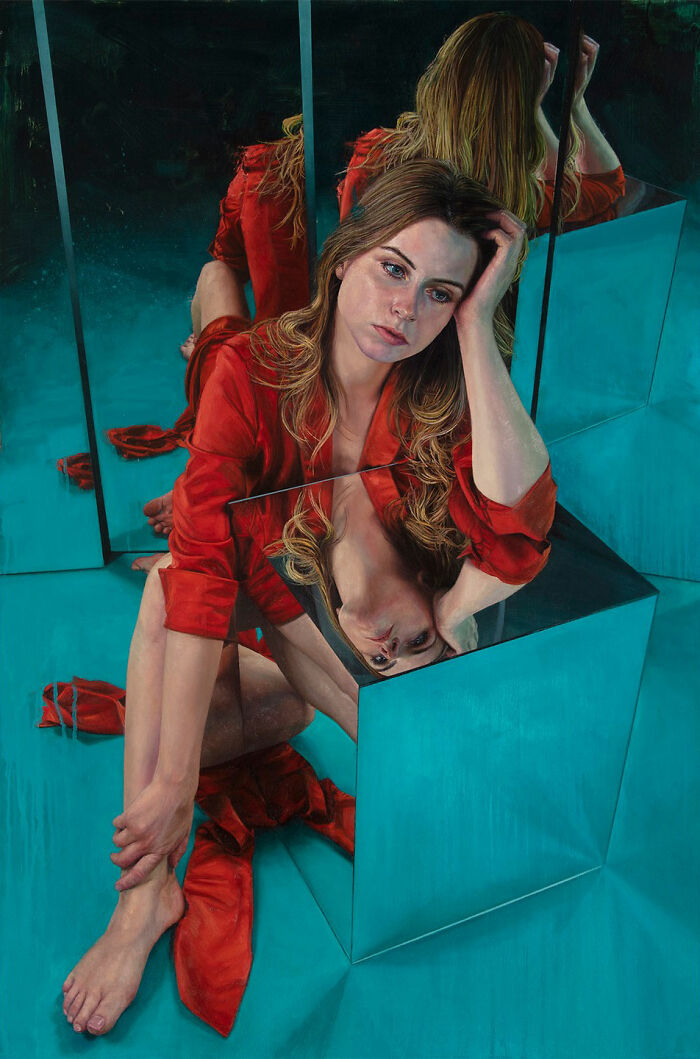 Hyperrealist painting by Ian Cumberland: A woman in red among multiple mirrors, showing her reflection with surreal details.