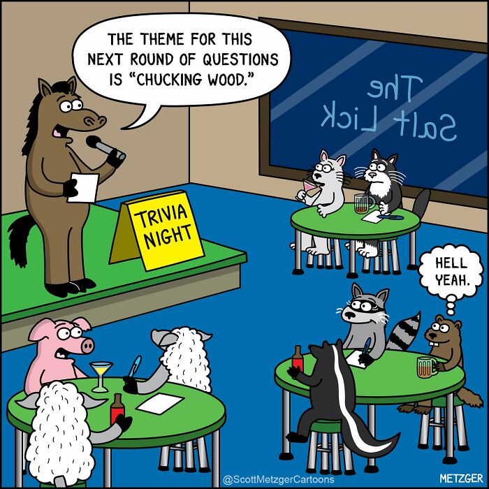 A comic depicting various animals at a trivia night, with a horse hosting, showcasing the weird logic of cats and dogs.
