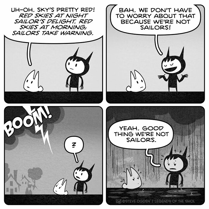 An adorable tiny character ignoring red skies warning in comics, displaying big confidence about not being a sailor.