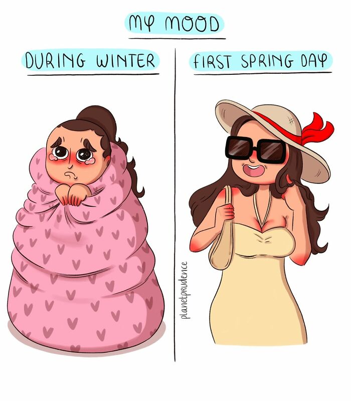 Artist illustrates being a woman: mood during winter wrapped in a blanket vs. on the first spring day in a sundress.