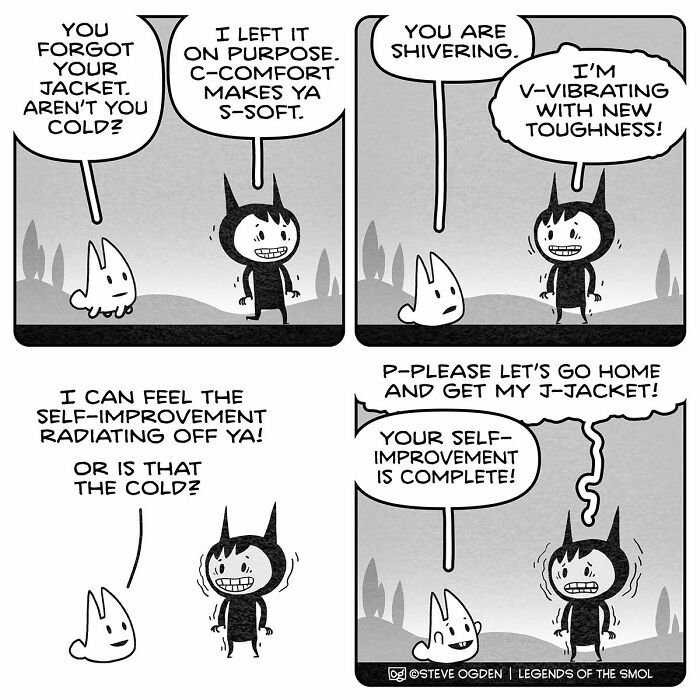An adorable tiny character shivering without a jacket in comics, humorously showing big confidence in toughness.