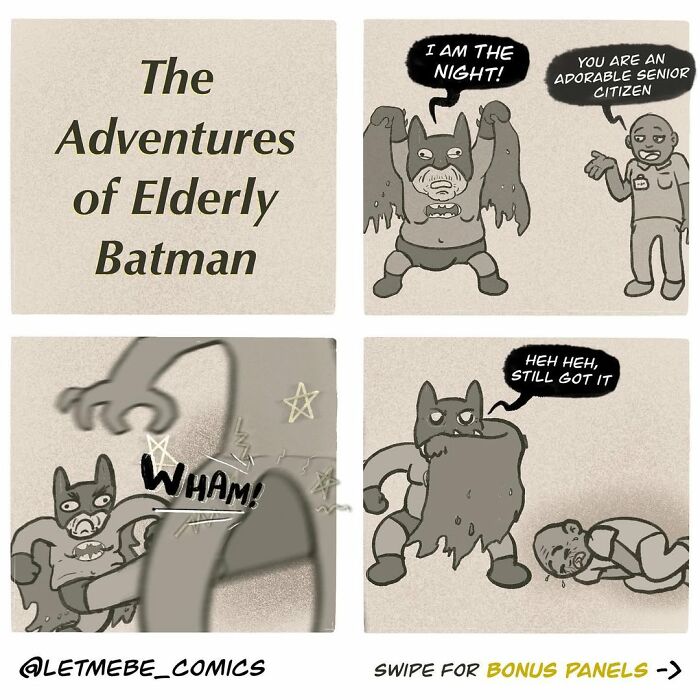 A comic artist draws the adventures of Elderly Batman, showing him attacking a man in a hilariously unhinged storyline.