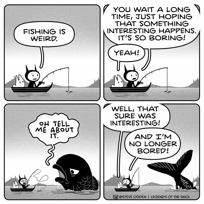 Adorable comics characters with big confidence fishing, surprised by a giant fish, finding it interesting.