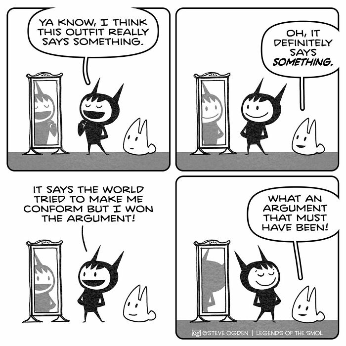An adorable tiny character admiring his outfit in comics, exuding big confidence about his style.