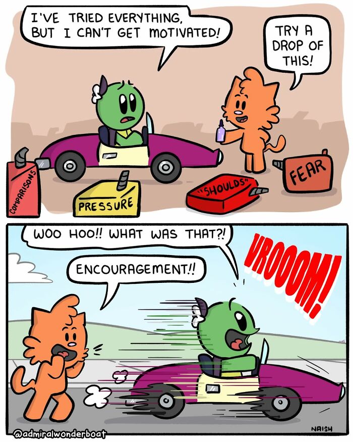 Funny comic about motivation, an orange cat giving encouragement to a green character in a purple car.