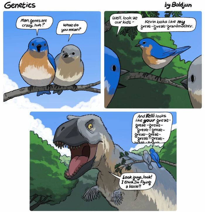 A dark and funny comic depicting birds and a dinosaur discussing genetics with dark humor.