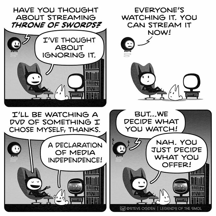 A tiny character in adorable comics choosing a DVD over streaming, showing his big confidence.