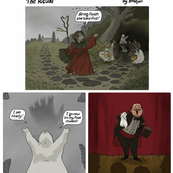 A dark and funny comic about a ritual with bunnies and a magician performing a trick with dark humor.
