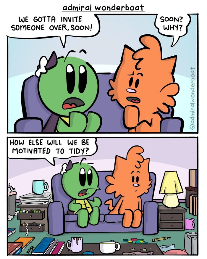 Funny comic showing two characters deciding to invite someone over to motivate them to tidy up, a dark comic about friendship and life.