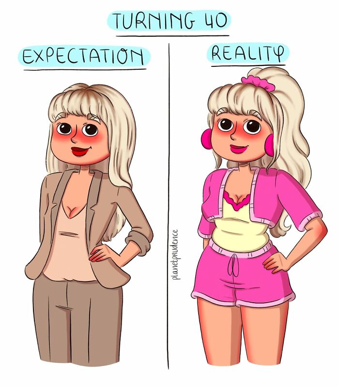 Artist illustrates being a woman: expectation vs. reality for turning 40, depicting a professional outfit vs. comfy pajamas.