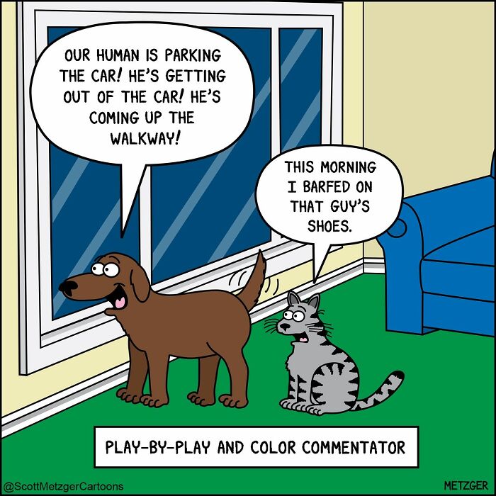 A comic showing a dog excitedly announcing a human's arrival while a cat makes a casual remark, capturing the weird logic of cats and dogs.