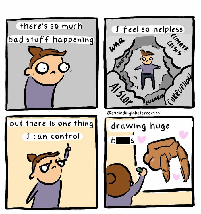 A comic showing an artist drawing a large, humorous creature as a coping mechanism. This is one of the 57 comics.