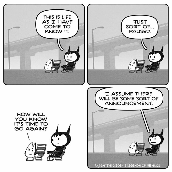 Adorable comics characters with big confidence waiting in chairs under an overpass, life paused.