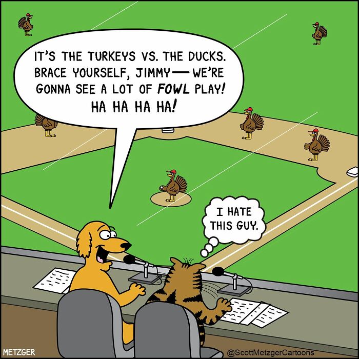 A Scott Metzger comic depicts a dog and cat broadcasting a baseball game with turkeys and ducks, highlighting the weird logic.