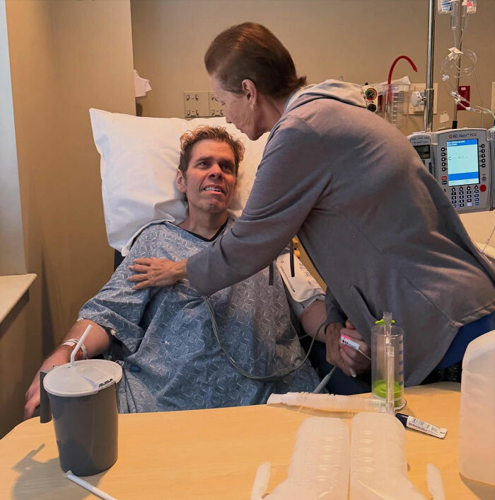 Perez Hilton in a hospital bed, looking at someone leaning over him, after his horrifying livestream was revealed. Perez Hilton in a hospital bed, looking at someone leaning over him, after his horrifying livestream was revealed.