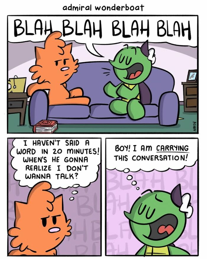 Funny comic illustrating a one-sided conversation with one character talking endlessly, a dark comic about friendship and life.