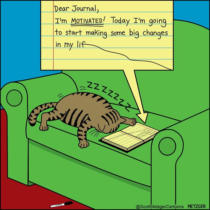 A comic by Scott Metzger shows a cat falling asleep while writing in a journal, reflecting the weird logic of cats.