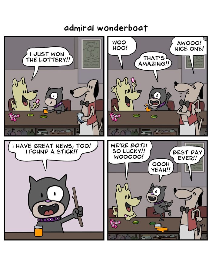 Funny comic showing a dog winning the lottery and a cat happily finding a stick, a dark comic about friendship and life.