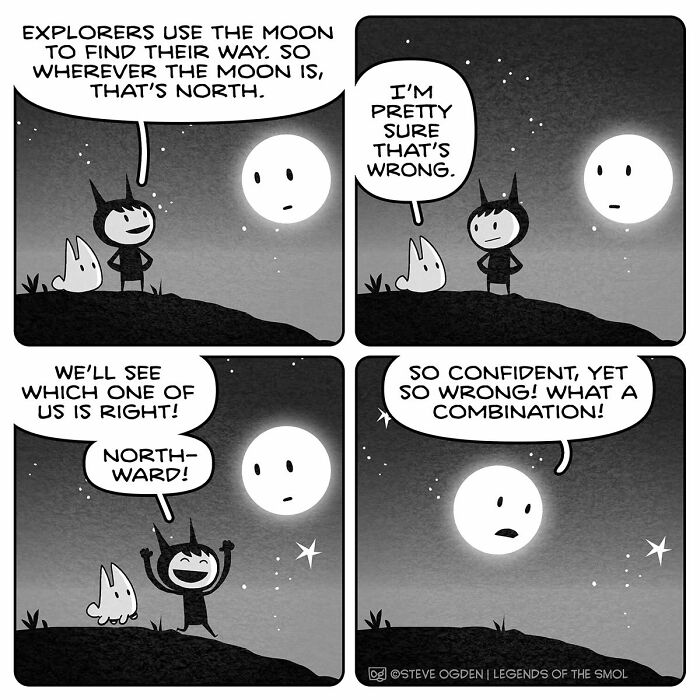 Adorable comics character with big confidence misinterpreting the moon as a compass, confidently wrong.